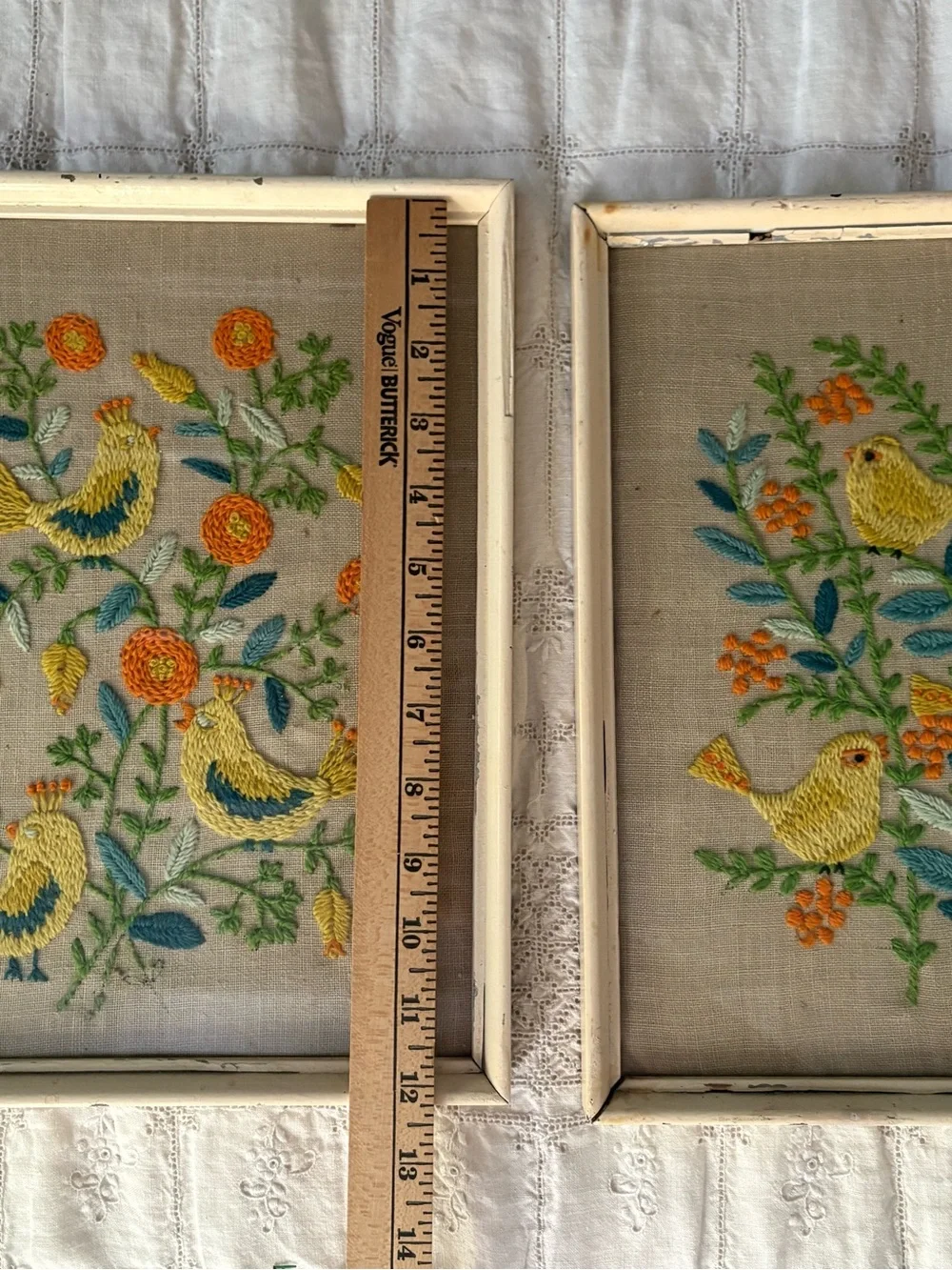Vintage 70s Hand-Embroidered Yellow Bird Wall Art Pair Folk Art